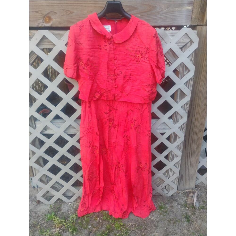 Vtg Karin Stevens Red Floral Dress Size 16 Button Front Peter Pan Collar Cottage